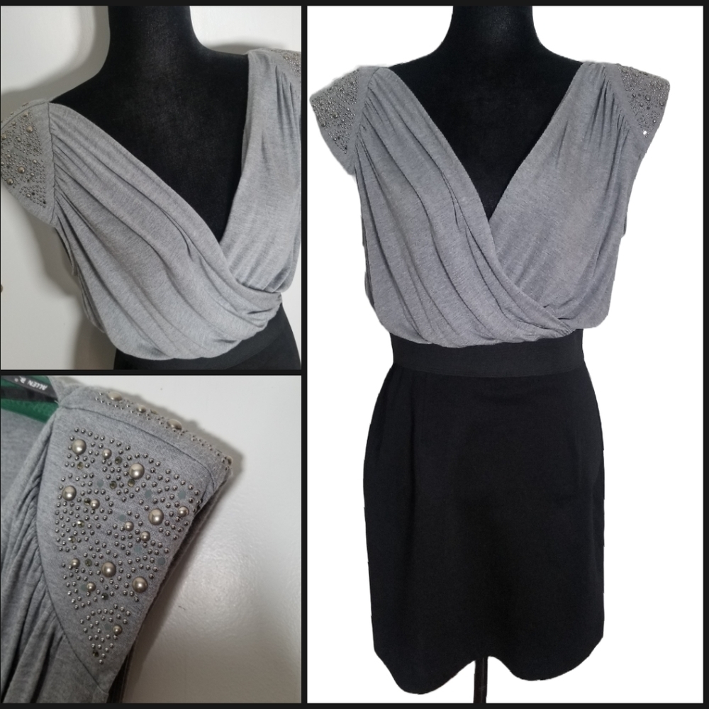 Allen B Military Inspired 2 Tone Mini Dress, Capped Studded Sleeves Black Gray M - Picture 1 of 9